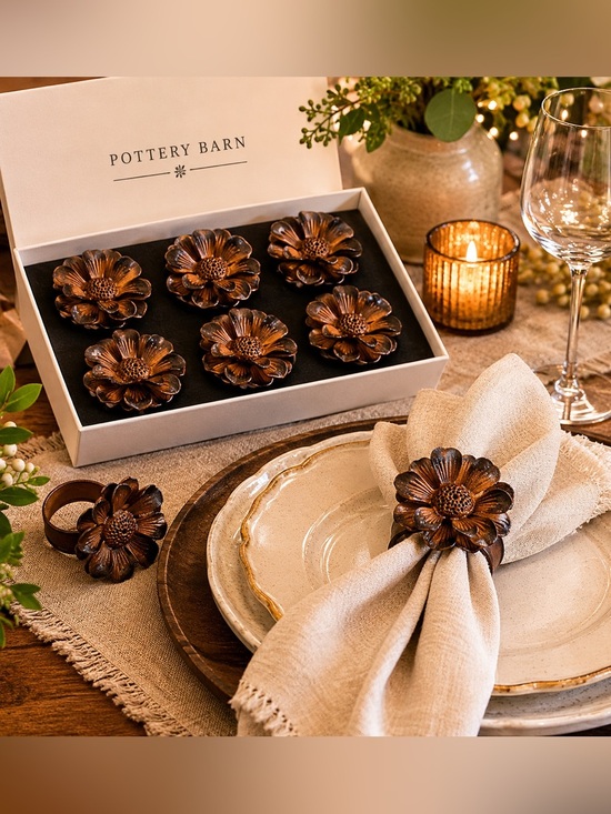 Pottery Barn Other - Pottery Barn Metal Flower Napkin Rings Set 6 Brown Floral Table Decor